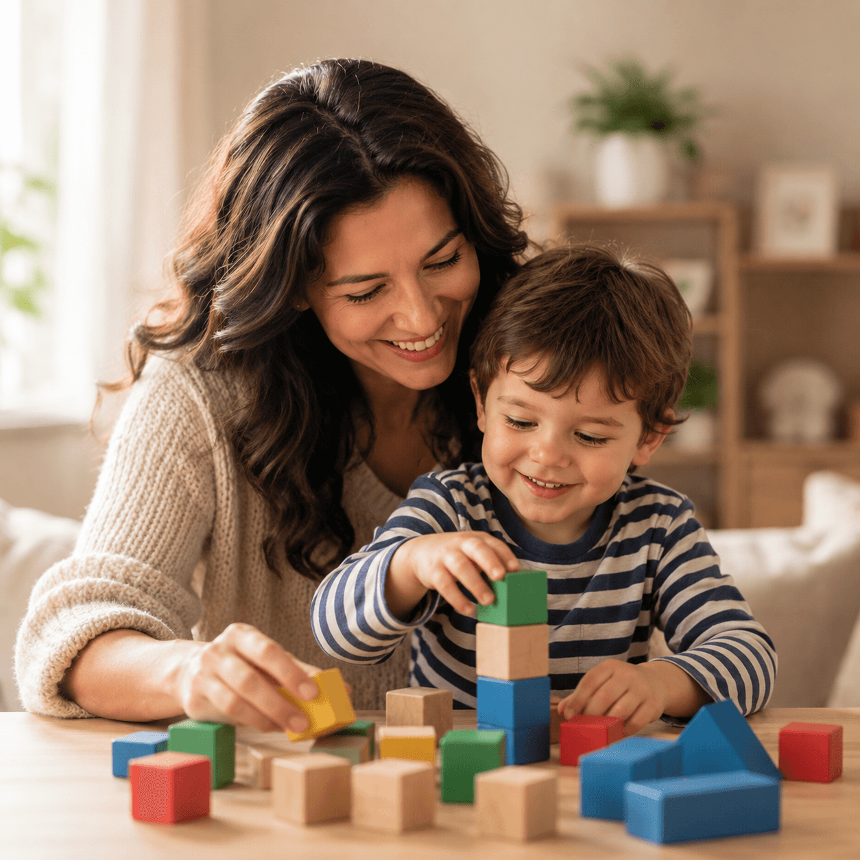 A mother and young child smiling while building with blocks together